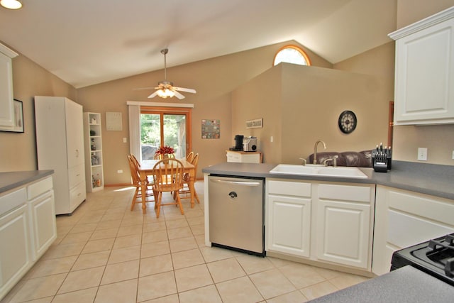 135 Miller Rd, Lake Zurich, IL 60047 - kitchen featuring stainless steel dishwasher, vaulted ceiling, light tile patterned floors, a ceiling fan, and a peninsula