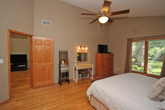135 Miller Rd, Lake Zurich, IL 60047 - bedroom featuring high vaulted ceiling, light wood-type flooring, and ceiling fan