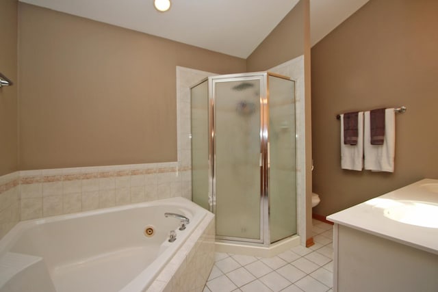 135 Miller Rd, Lake Zurich, IL 60047 - full bathroom with a shower stall, a whirlpool tub, tile patterned flooring, lofted ceiling, and vanity