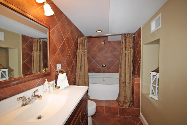 135 Miller Rd, Lake Zurich, IL 60047 - full bathroom with vanity, tile walls, tile patterned flooring, shower / tub combo, and recessed lighting