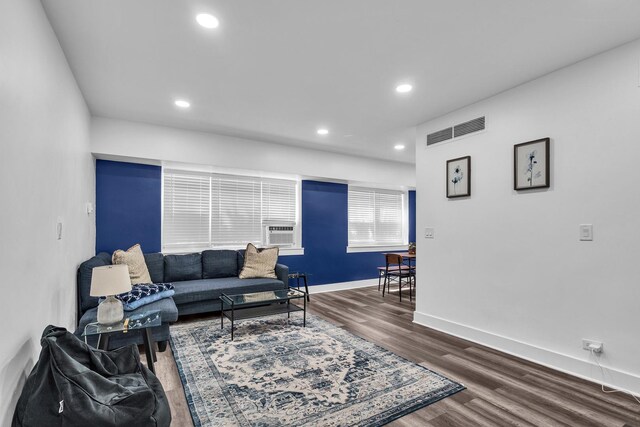 5335 N California Ave Unit 103, Chicago, IL 60625 - living room with dark wood-style floors, recessed lighting, and cooling unit