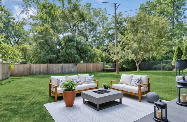 1902 N Washington St, Wheaton, IL 60187 - fenced backyard featuring an outdoor living space with a fire pit, view of scattered trees, and a patio