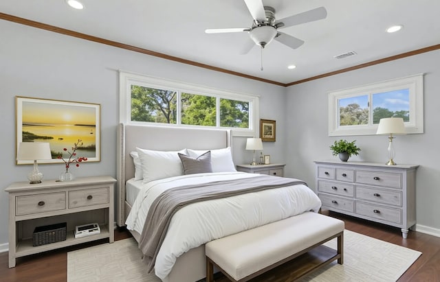 1902 N Washington St, Wheaton, IL 60187 - bedroom with ornamental molding, recessed lighting, dark wood-style flooring, and a ceiling fan