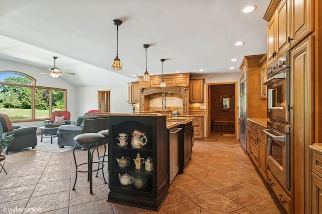 10305 Ridge Ln, Huntley, IL 60142 - kitchen featuring open shelves, appliances with stainless steel finishes, tasteful backsplash, a breakfast bar, and ceiling fan