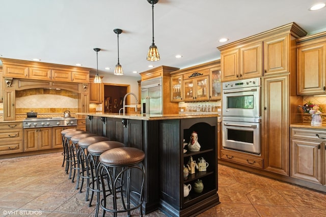 10305 Ridge Ln, Huntley, IL 60142 - kitchen with stainless steel appliances, decorative backsplash, open shelves, recessed lighting, and a kitchen bar