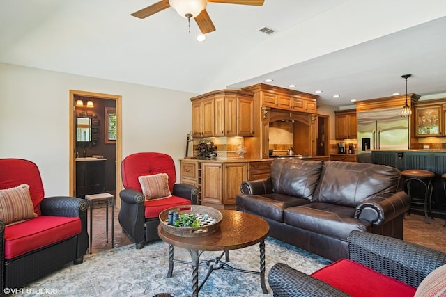 10305 Ridge Ln, Huntley, IL 60142 - living room with ceiling fan, recessed lighting, and lofted ceiling