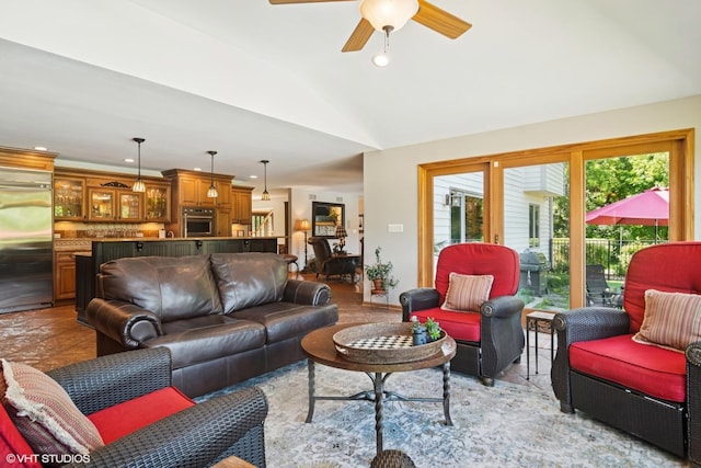 10305 Ridge Ln, Huntley, IL 60142 - living area featuring vaulted ceiling, a ceiling fan, and recessed lighting