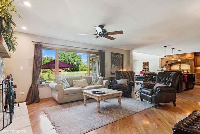 10305 Ridge Ln, Huntley, IL 60142 - living room featuring light wood-type flooring, ceiling fan, and recessed lighting