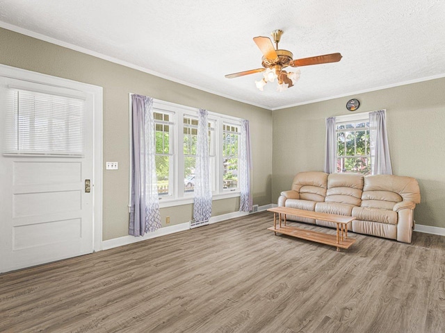 2242 S 5th St, Rockford, IL 61104 - living area with ornamental molding, wood finished floors, ceiling fan, and a textured ceiling