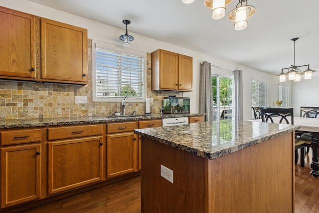774 Dover St, Pingree Grove, IL 60140 - kitchen with a chandelier, dark wood-style floors, and backsplash