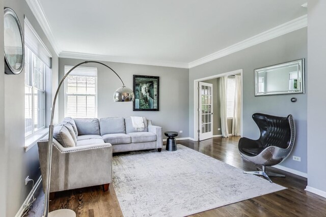 2301 Bluewater Dr, Wauconda, IL 60084 - living room with ornamental molding and dark wood-style flooring