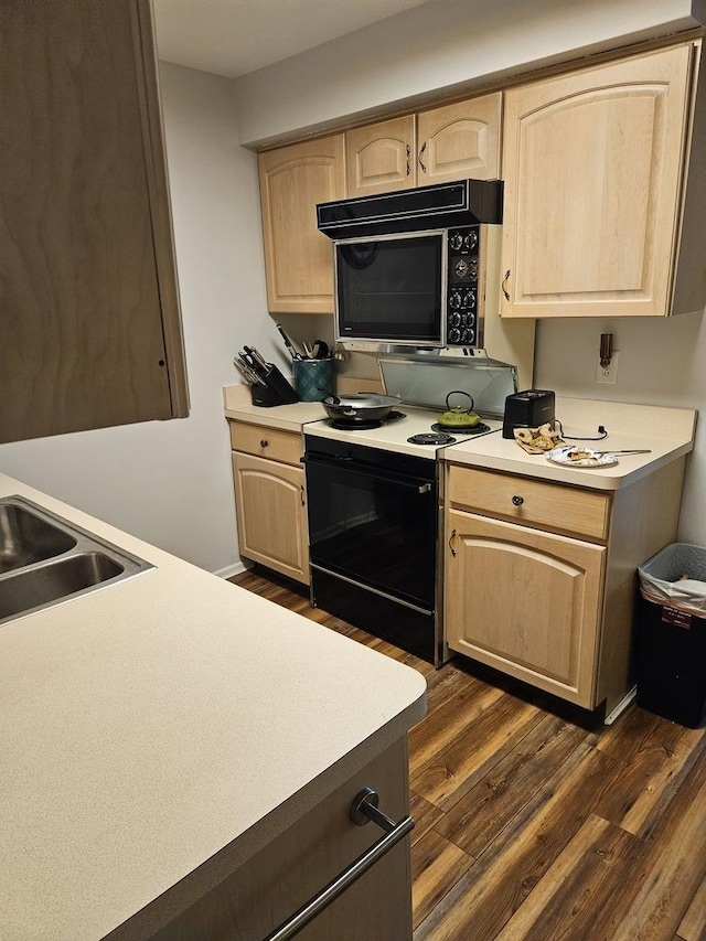 740 Saint Andrews Ln Unit 37, Crystal Lake, IL 60014 - kitchen featuring electric range, light brown cabinets, black microwave, and dark wood-style floors