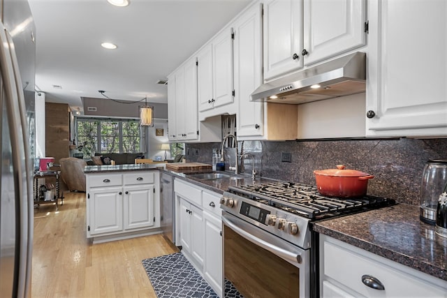 3251 N Racine Ave Unit 3, Chicago, IL 60657 - kitchen featuring stainless steel appliances, under cabinet range hood, white cabinets, light wood finished floors, and recessed lighting