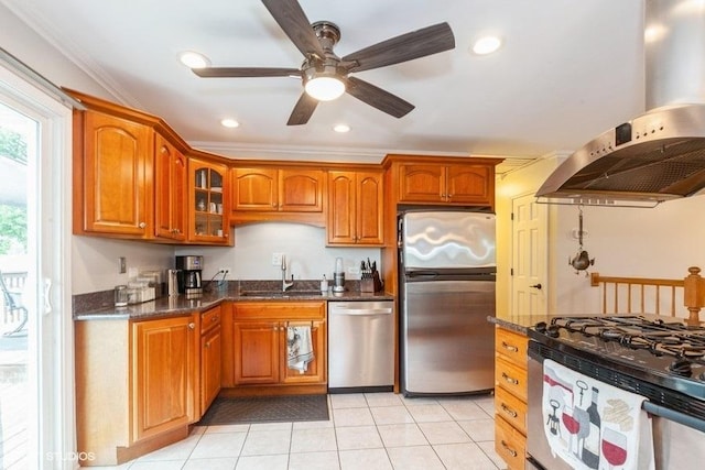 2S200 Valley Rd, Lombard, IL 60148 - kitchen with appliances with stainless steel finishes, extractor fan, brown cabinetry, glass insert cabinets, and ceiling fan