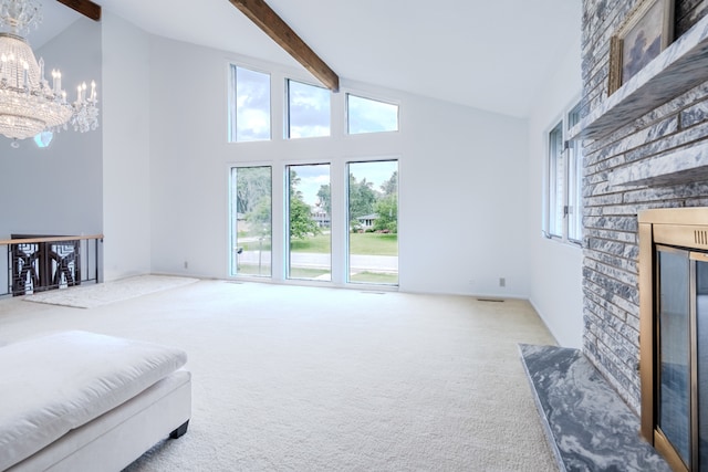 921 Cassie Dr, Joliet, IL 60435 - carpeted living area with a chandelier, high vaulted ceiling, beamed ceiling, healthy amount of natural light, and a fireplace
