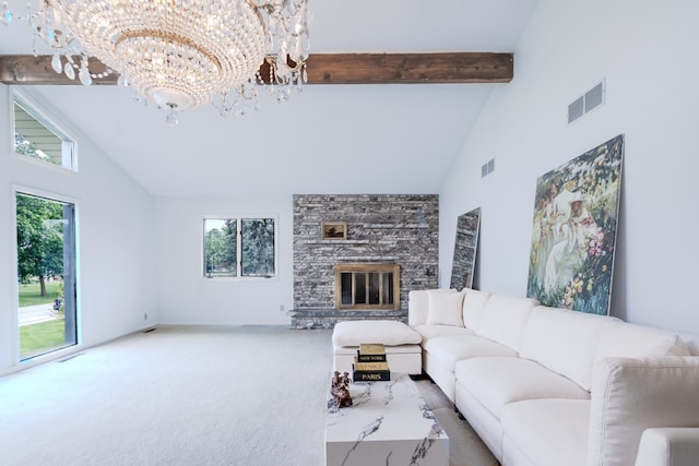 921 Cassie Dr, Joliet, IL 60435 - living room with high vaulted ceiling, a chandelier, beam ceiling, a fireplace, and carpet flooring