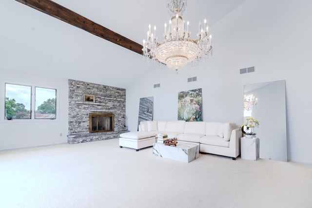 921 Cassie Dr, Joliet, IL 60435 - living area featuring a chandelier, carpet flooring, high vaulted ceiling, beam ceiling, and a stone fireplace