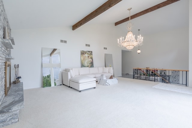 921 Cassie Dr, Joliet, IL 60435 - living room featuring carpet flooring, a chandelier, high vaulted ceiling, beam ceiling, and a brick fireplace