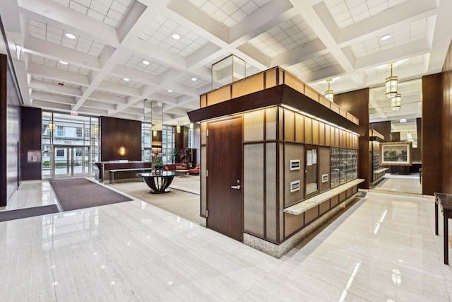 1325 N State Pkwy Unit 8E, Chicago, IL 60610 - lobby featuring coffered ceiling, beamed ceiling, expansive windows, and recessed lighting