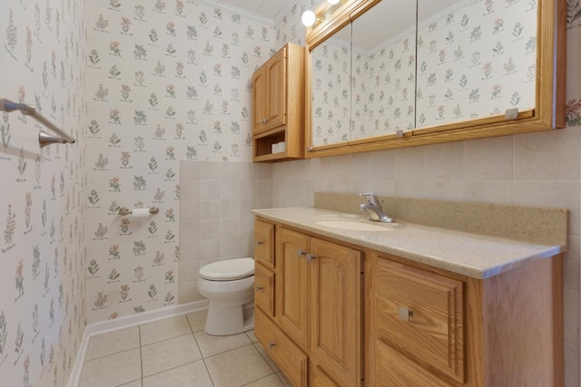 534 Grosvener Ln, Elk Grove Village, IL 60007 - bathroom with crown molding, vanity, wallpapered walls, and tile patterned floors