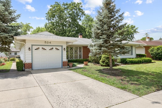 534 Grosvener Ln, Elk Grove Village, IL 60007 - view of front of property with brick siding, concrete driveway, an attached garage, a front yard, and a chimney