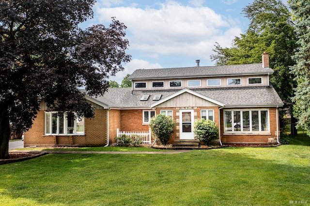 5821 W 127th St, Palos Heights, IL 60463 - view of front facade with a chimney, a front yard, brick siding, and a shingled roof