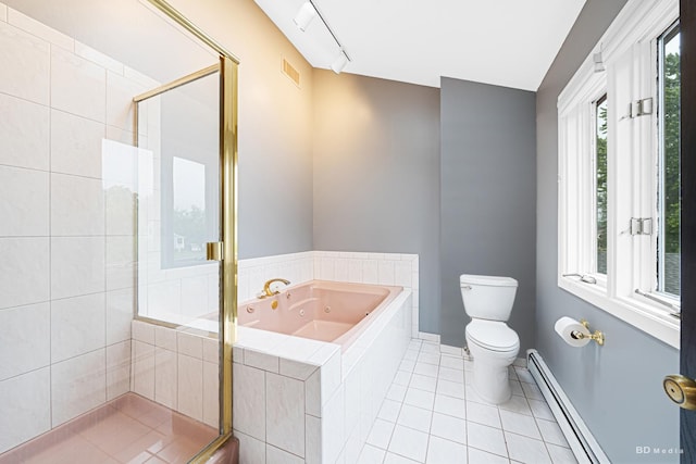 5821 W 127th St, Palos Heights, IL 60463 - bathroom featuring baseboard heating, tile patterned flooring, a jetted tub, and a shower stall