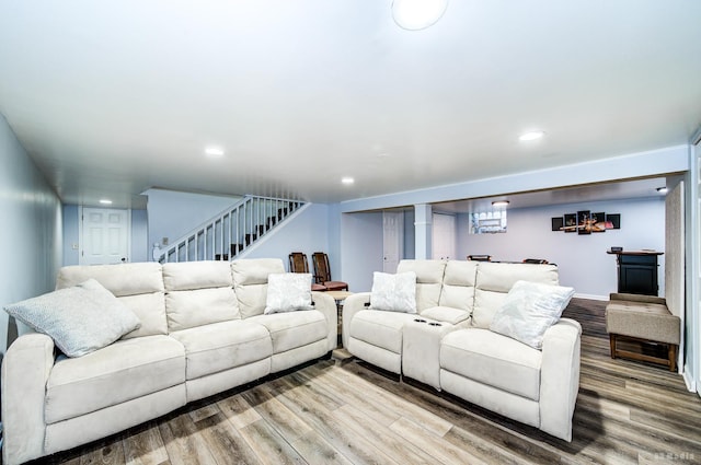 5821 W 127th St, Palos Heights, IL 60463 - living room featuring wood finished floors, stairs, recessed lighting, and bar