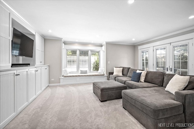 1116 Mary Ln, Naperville, IL 60540 - living room with light colored carpet, ornamental molding, recessed lighting, and french doors