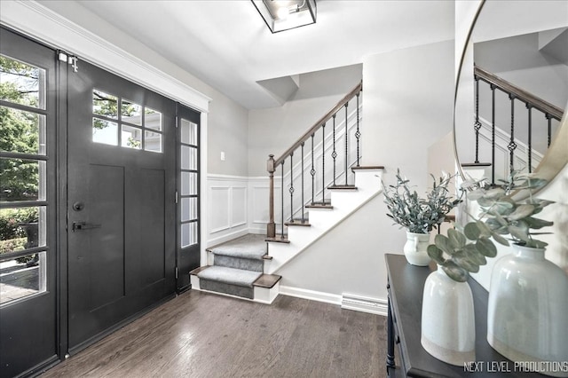 1116 Mary Ln, Naperville, IL 60540 - entryway with stairway, wainscoting, dark wood-style flooring, and a decorative wall