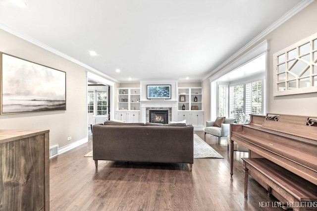 1116 Mary Ln, Naperville, IL 60540 - living room featuring wood finished floors, ornamental molding, plenty of natural light, a lit fireplace, and recessed lighting