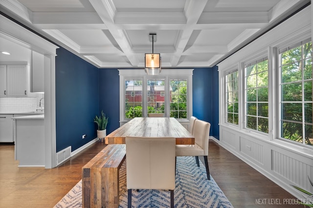 1116 Mary Ln, Naperville, IL 60540 - dining area with dark wood-type flooring, beam ceiling, coffered ceiling, and ornamental molding