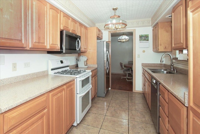 117 N Kenilworth Ave, Mount Prospect, IL 60056 - kitchen with stainless steel appliances, a chandelier, ornamental molding, light countertops, and light tile patterned floors