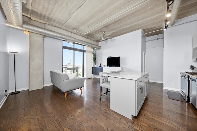 811 W 15th Pl Unit 709, Chicago, IL 60608 - kitchen featuring open floor plan, stainless steel gas stove, a kitchen breakfast bar, and dark wood-style flooring