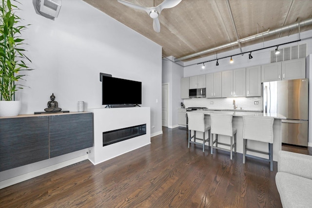 811 W 15th Pl Unit 709, Chicago, IL 60608 - living area with rail lighting, dark wood finished floors, ceiling fan, and a glass covered fireplace