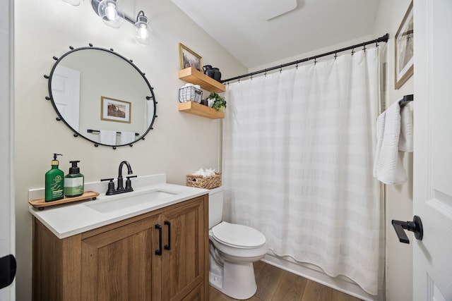 750 Shady Ln, Aurora, IL 60506 - full bath with vanity, wood finished floors, and a shower with shower curtain