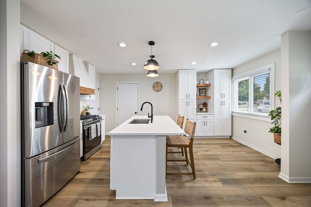 750 Shady Ln, Aurora, IL 60506 - kitchen with appliances with stainless steel finishes, white cabinetry, recessed lighting, light wood finished floors, and open shelves