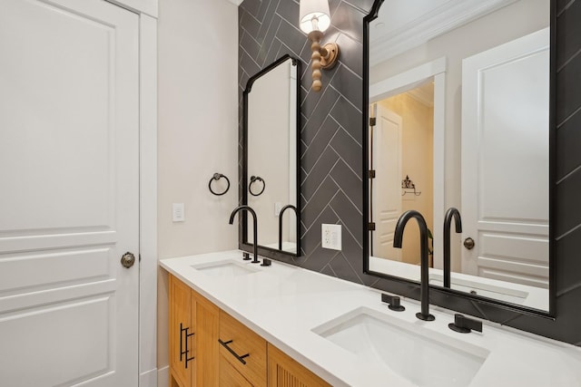 1414 N Mohawk St, Chicago, IL 60610 - full bath featuring double vanity, decorative backsplash, and crown molding