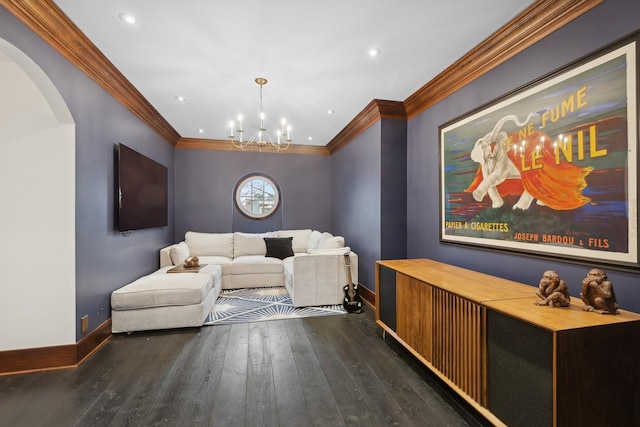 1414 N Mohawk St, Chicago, IL 60610 - living room with wood finished floors, ornamental molding, a chandelier, arched walkways, and recessed lighting