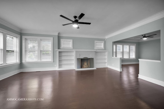 11402 S Calumet Ave, Chicago, IL 60628 - unfurnished living room featuring a ceiling fan, crown molding, a fireplace, and wood finished floors