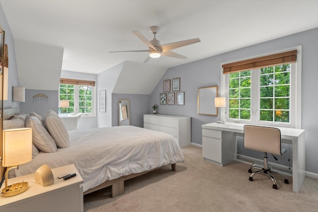 124 Hidden Oaks Dr, Barrington, IL 60010 - bedroom featuring light colored carpet, a desk, vaulted ceiling, and a ceiling fan