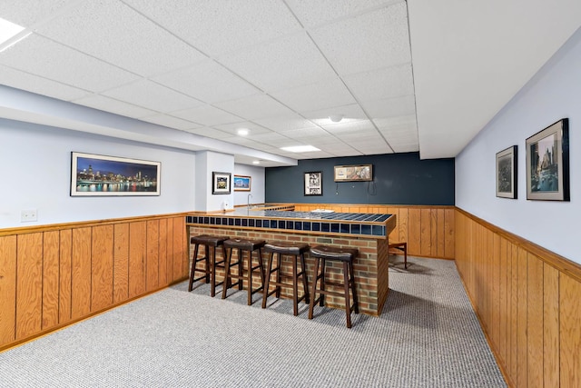 172 Hamilton Ave, Frankfort, IL 60423 - dining area with wainscoting, bar with sink, wood walls, carpet, and a drop ceiling