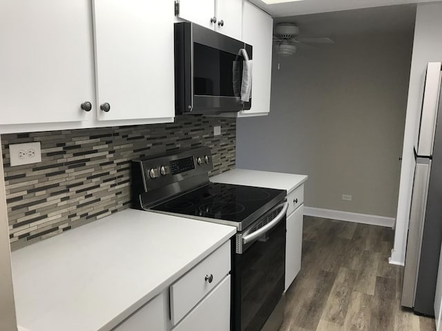 6340 Americana Dr Unit 705, Willowbrook, IL 60527 - kitchen featuring electric range, a ceiling fan, white cabinets, backsplash, and light countertops