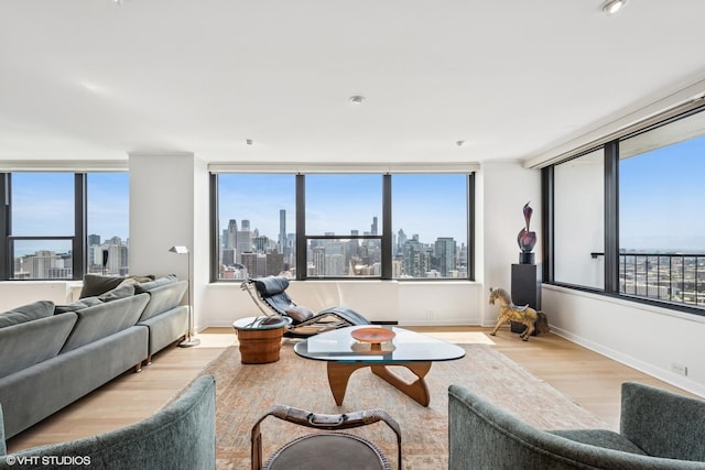 1560 N Sandburg Ter Unit 4301-4303, Chicago, IL 60610 - living area featuring a skyline view, wood finished floors, and plenty of natural light