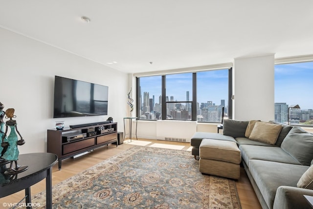 1560 N Sandburg Ter Unit 4301-4303, Chicago, IL 60610 - living room with a view of city, light wood-style floors, and radiator heating unit