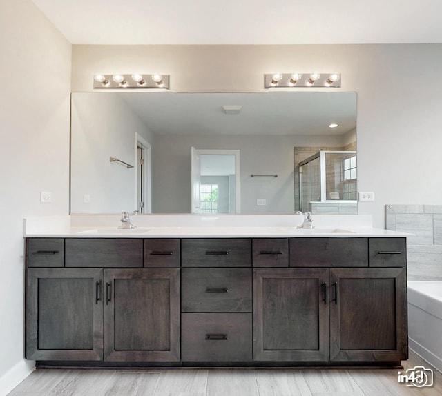 24433 W Bantry Ln, Shorewood, IL 60404 - full bathroom featuring double vanity, a shower stall, a bathtub, and wood finished floors