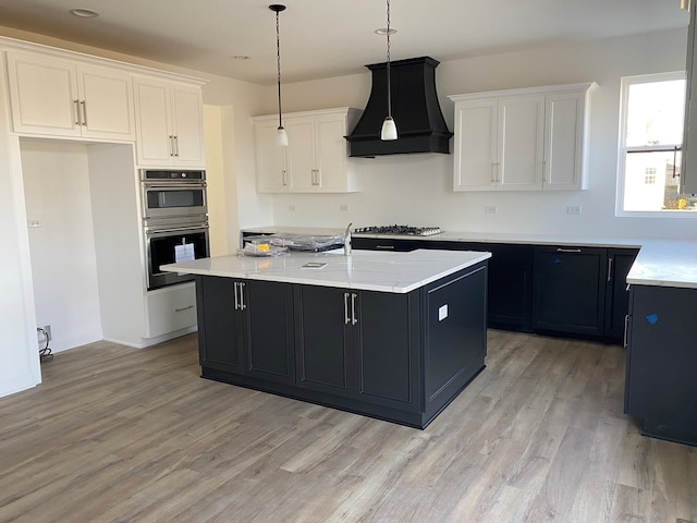 24433 W Bantry Ln, Shorewood, IL 60404 - kitchen with custom exhaust hood, stainless steel appliances, light wood-type flooring, and white cabinets