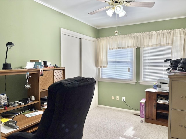 1217 Retz Dr, Ottawa, IL 61350 - carpeted office with a ceiling fan and crown molding