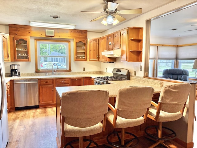 1217 Retz Dr, Ottawa, IL 61350 - kitchen featuring stainless steel appliances, under cabinet range hood, light countertops, glass insert cabinets, and a peninsula