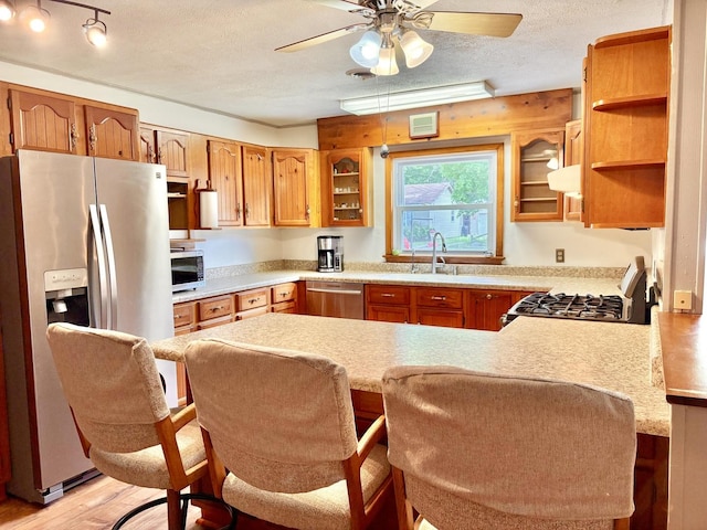 1217 Retz Dr, Ottawa, IL 61350 - kitchen featuring appliances with stainless steel finishes, light countertops, a peninsula, glass insert cabinets, and a textured ceiling